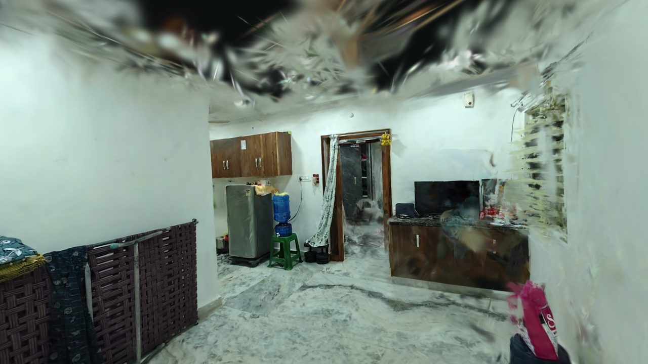 Hallway and bedroom rendered from the Gaussian splat