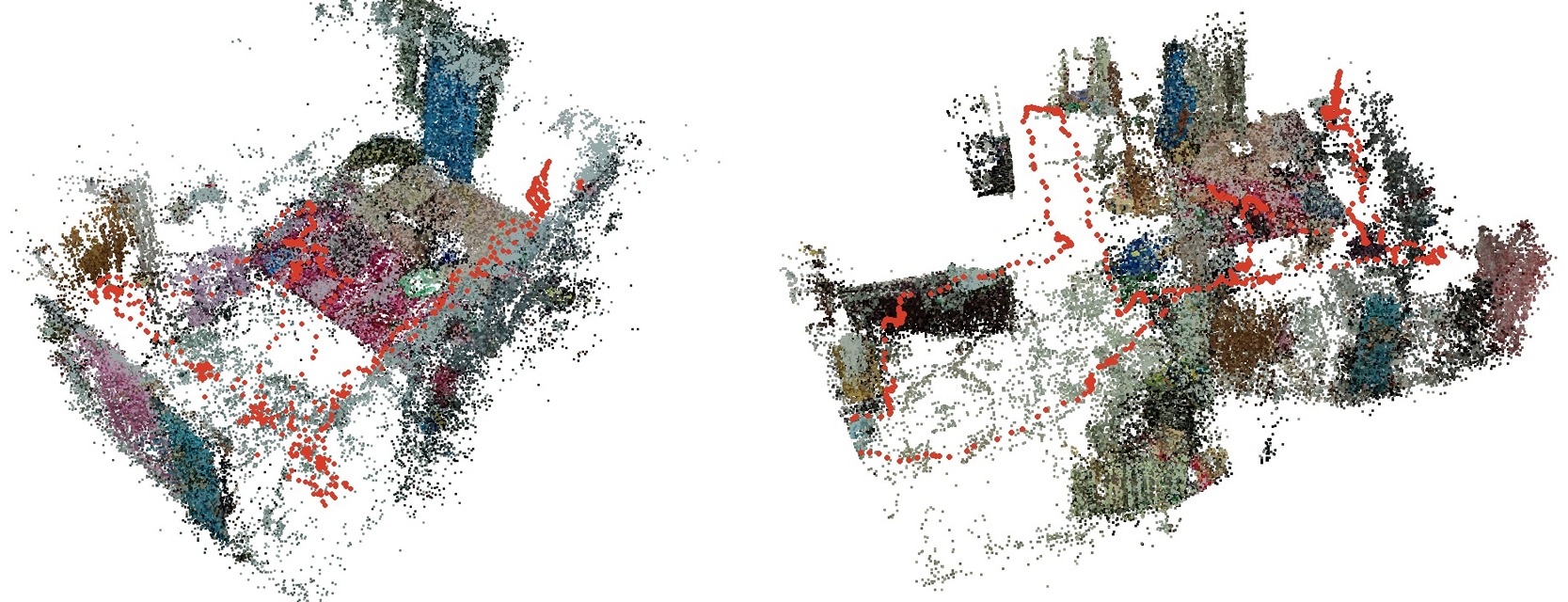Two sparse COLMAP reconstructions of indoor spaces with the camera path in red